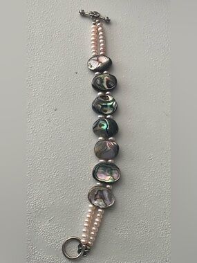 Abalone Shell & Pearl Bracelet Sterling Silver Toggle Baroque Artisan Jewelry